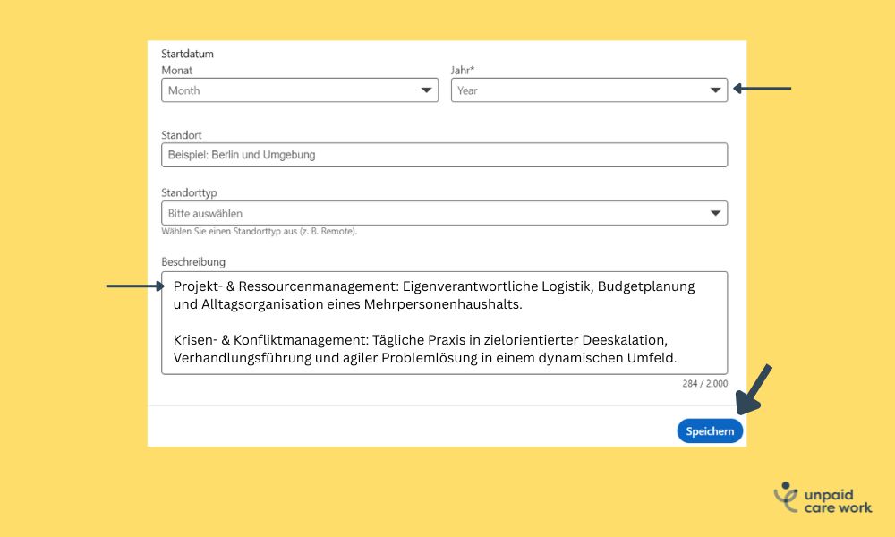 Screenshots des Formularabschnitts unter Berufserfahrung
